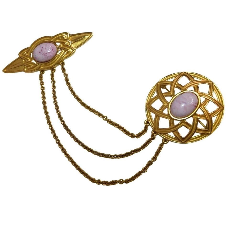 Vintage Monet Celtic Double Brooch Triple Chain Pink Cabochon Sweater Clip